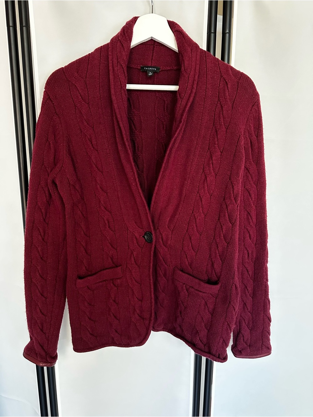 Talbots Cable Knit Cardigan Sweater Small Burgundy Wool Blend Faux Leather Trim